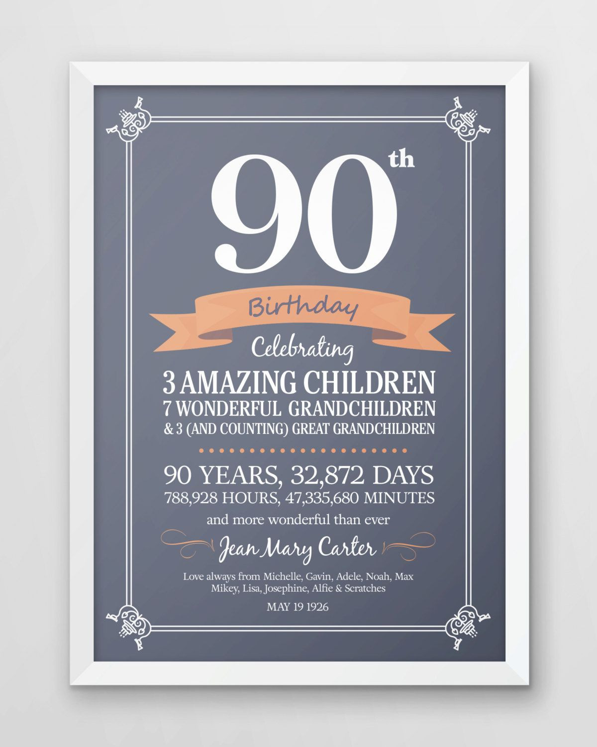 90 Year Old Birthday Gift
 Personalized 90th birthday print seventy years old t