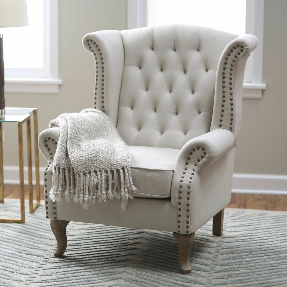 Accent Living Room Chairs
 Wingback Accent Chair Tufted Nailhead Trim Linen Blend