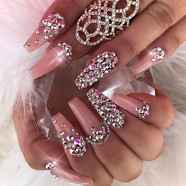 Acrylic Nail Designs With Rhinestones
 Love these blush colored rhinestone coffin nails Acrylic