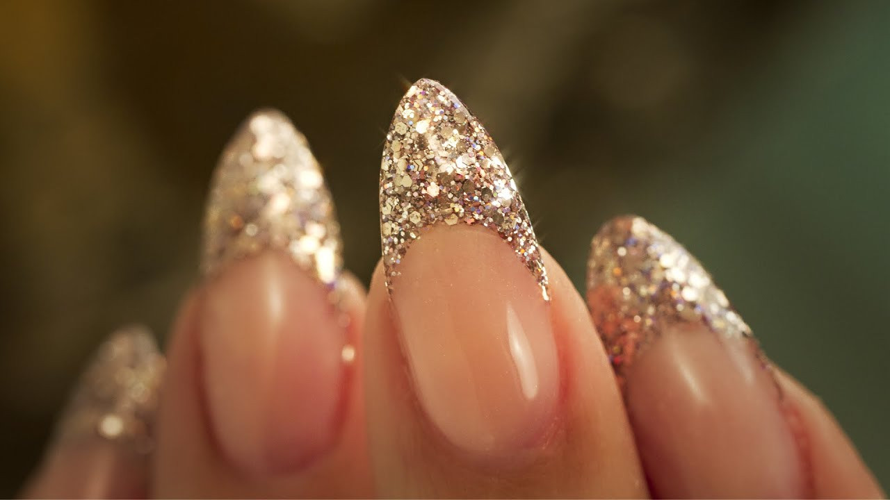 Acrylic Nails With Glitter Tips
 French Almond Glitter Traditional French Acrylic Nail