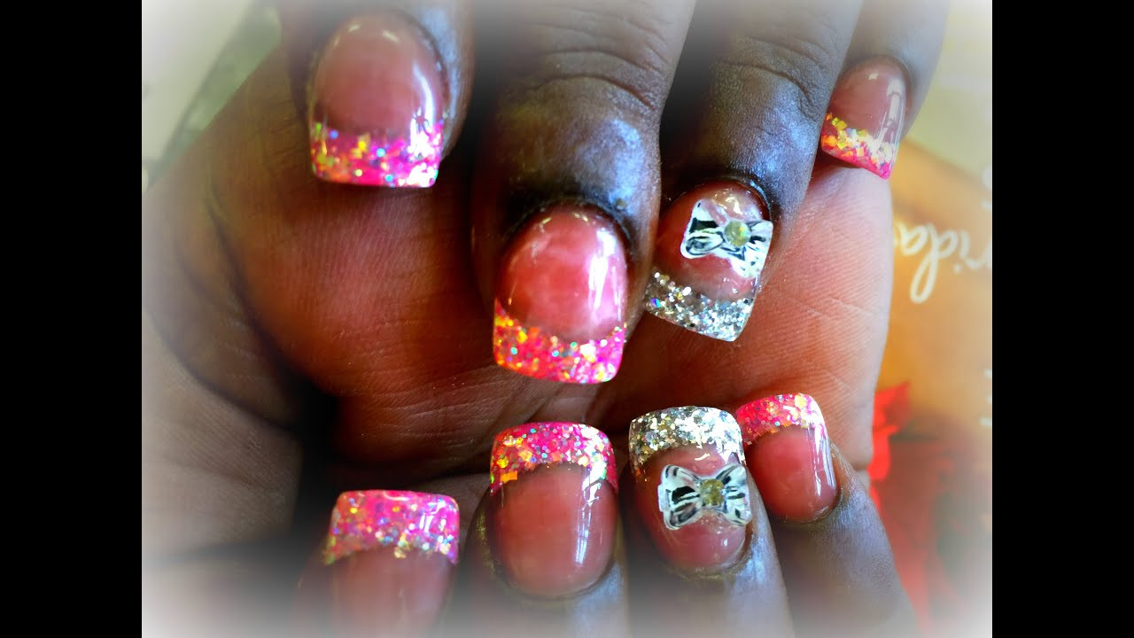 Acrylic Nails With Glitter Tips
 Acrylic Nails Pink & Silver Glitter Tips
