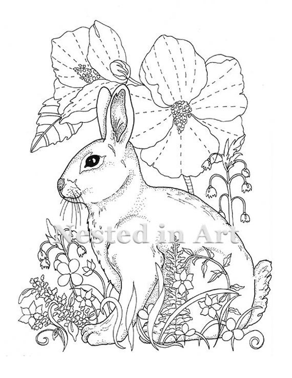 Adult Coloring Book
 Adult Coloring Page Bunny and Hibiscus Digital Download
