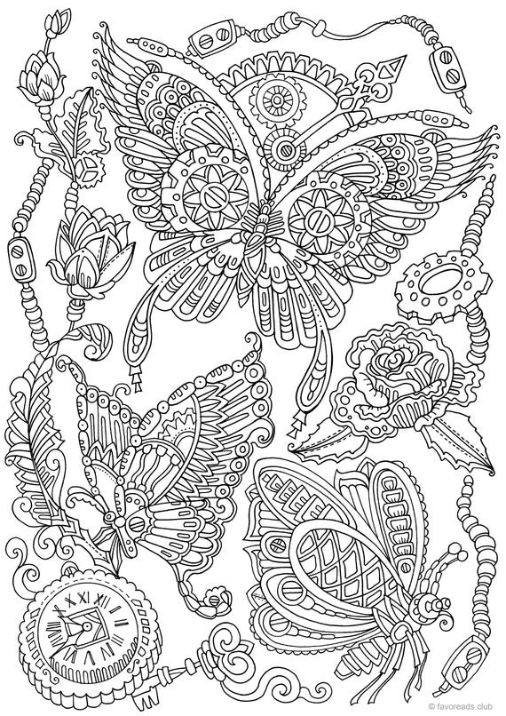 Adult Coloring Book
 Steampunk Butterflies Printable Adult Coloring Page from