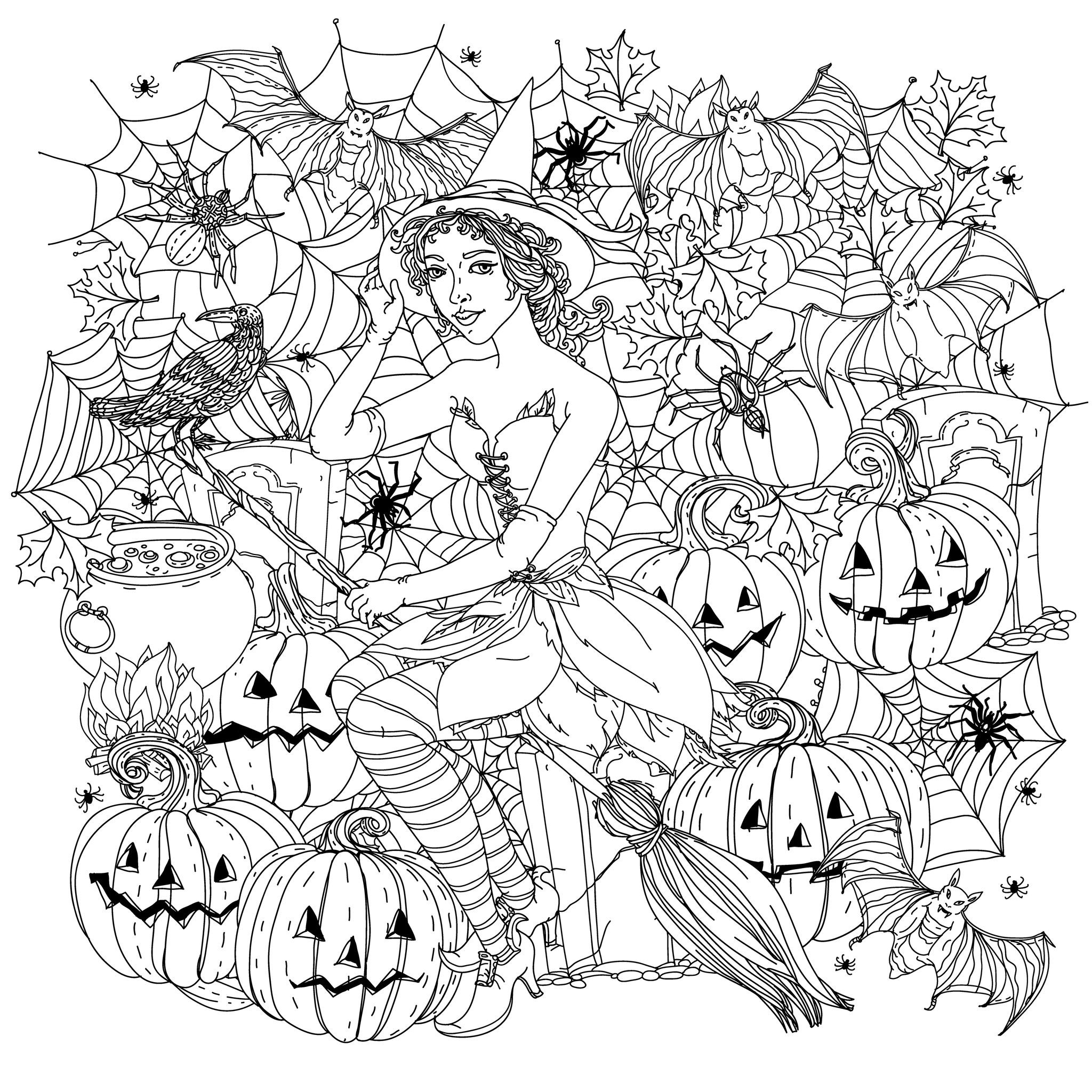 Adult Coloring Pages Halloween
 Halloween witch with pumpkins Halloween Adult Coloring Pages