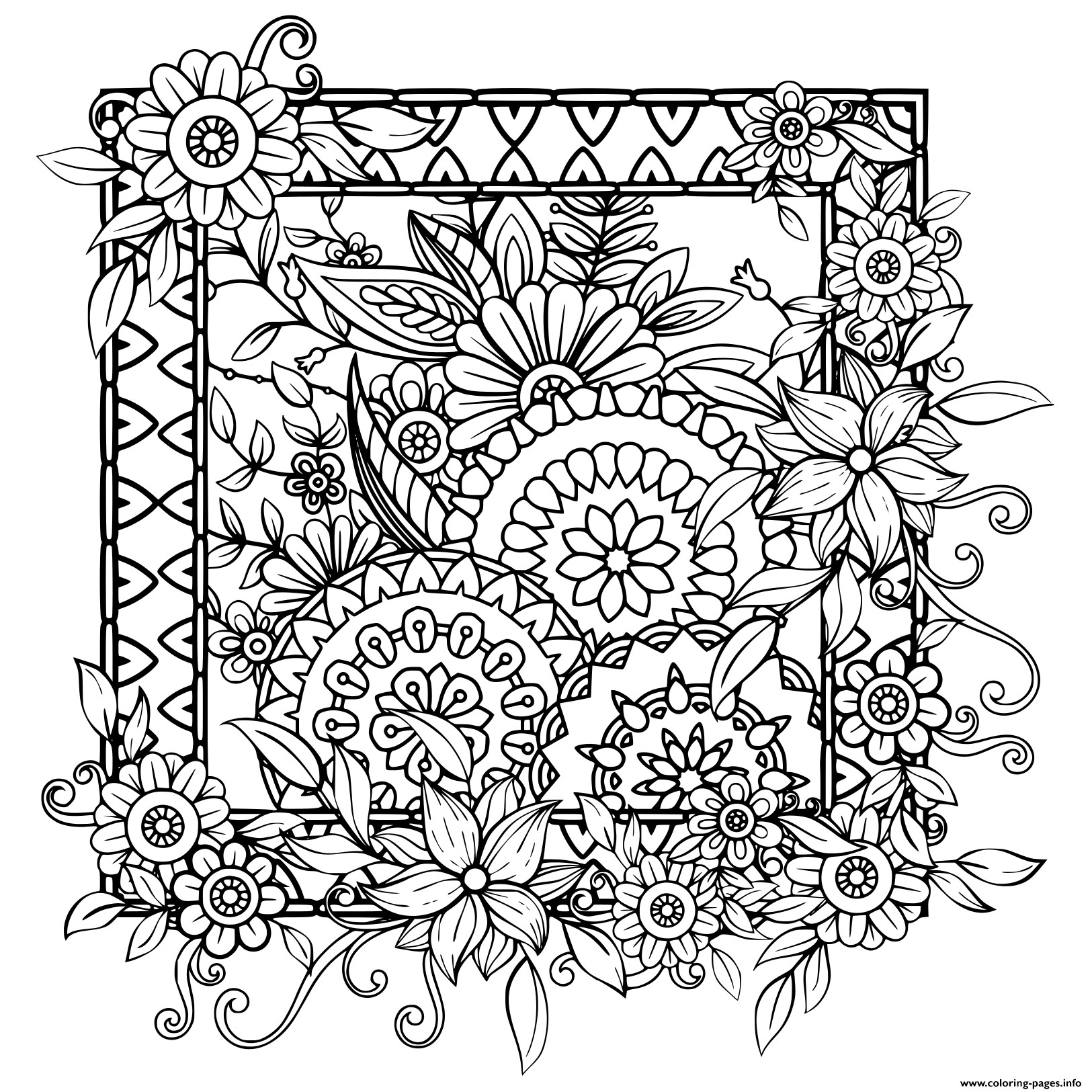 Adult Coloring Pages Patterns Flowers
 Adult With Flowers Pattern Black And White Doodle Wreath