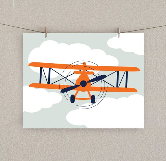 Airplane Baby Decor
 Airplane Decor Boy Nursery Art Print Orange & Navy blue