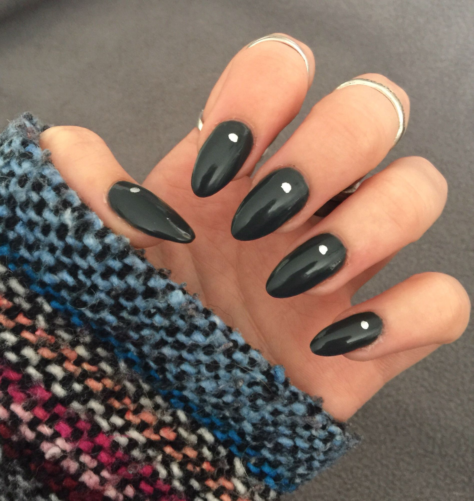 Almond Shaped Acrylic Nail Designs
 Long dark gray almond shaped nails with silver dot design