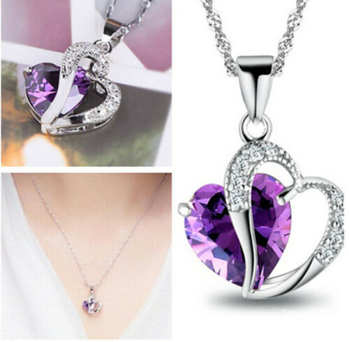Amethyst Crystal Necklace
 New Silver Purple Amethyst Gemstone Heart Crystal Pendant