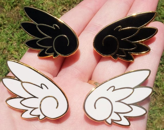Anime Pins
 Set of 2 Anime Wings Hard Enamel Pins Black and White Gold