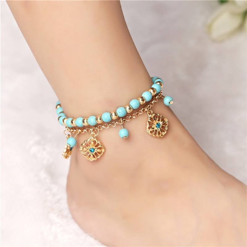 Anklet Bohemian
 bohemian ankle bracelet cheville blue bead flower