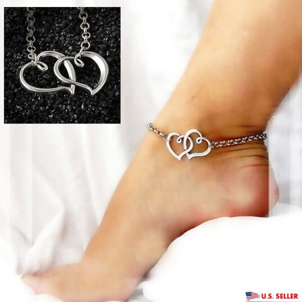 Anklet Chain
 USA Double Heart Shape Women Silver Anklet Chain Ankle