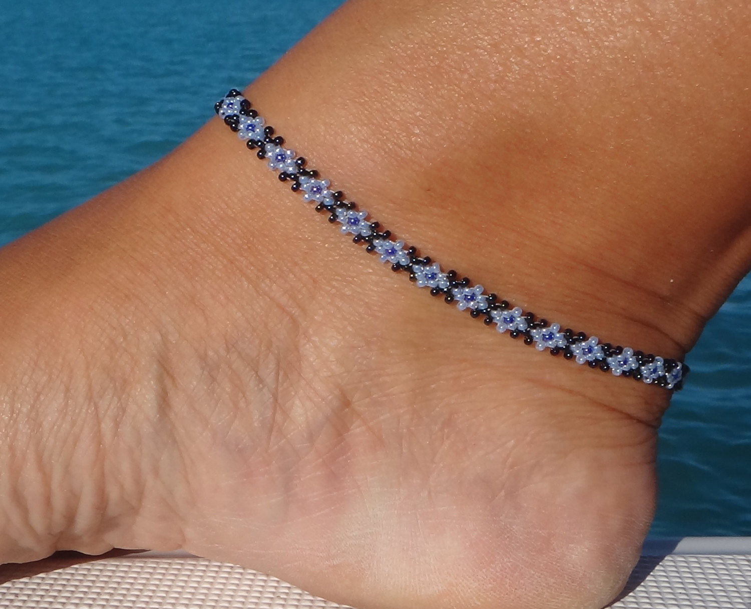 Anklet Diamond
 Diamond Daisy Chain Ankle Bracelet Blue Seed Bead Anklet