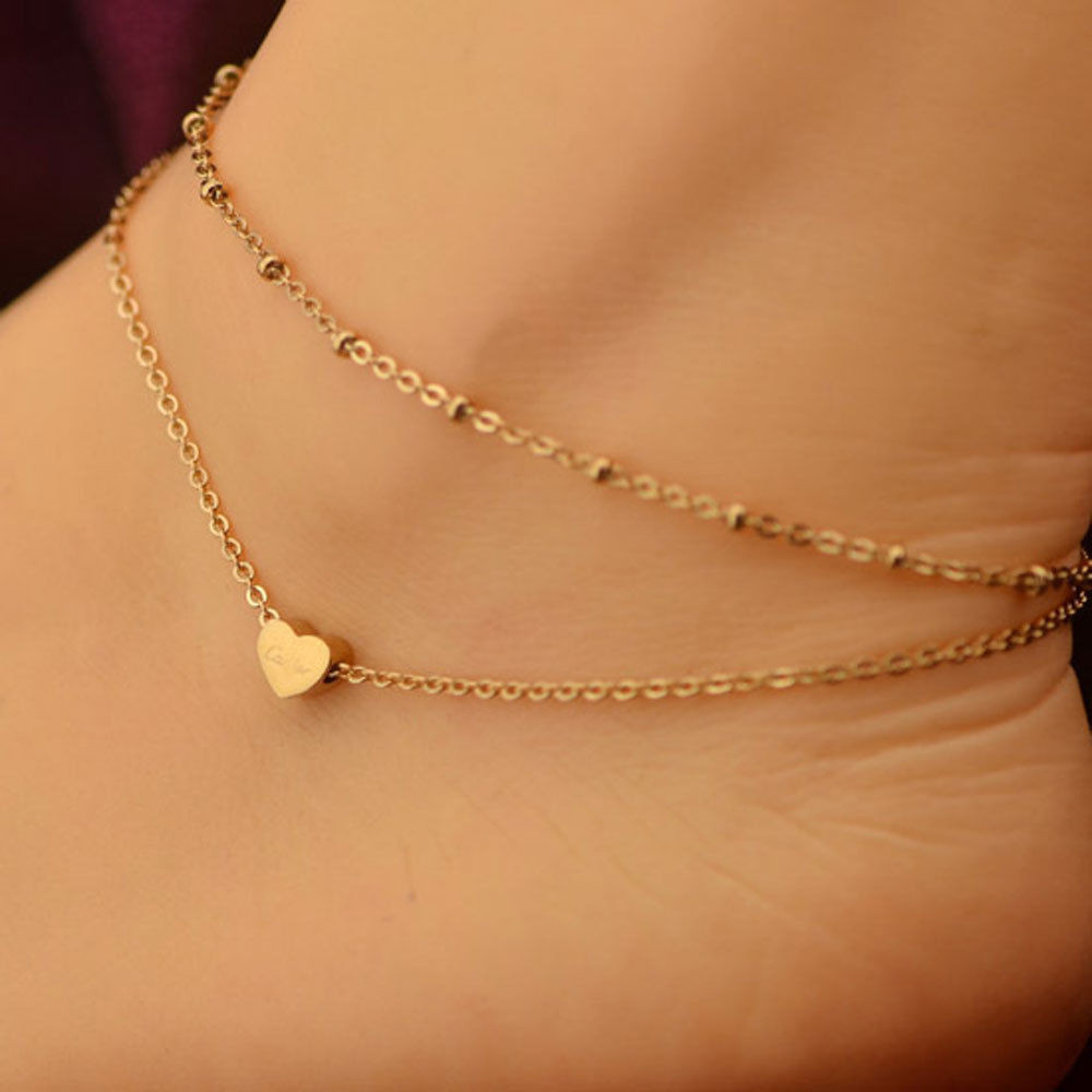 Anklet Gold
 1pc Gold Tone Love Heart Ankle Bracelet Double Layer Chain