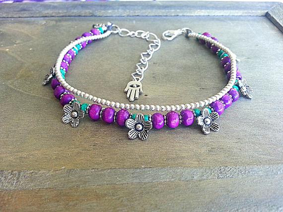 Anklet Hippie
 Boho anklet Bracelet Hippie ankle bracelet Purple Flowers