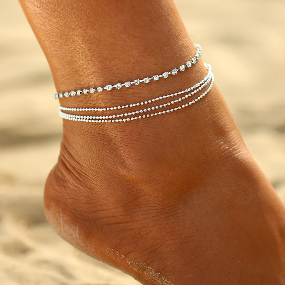 Anklet On Both Ankles
 IF YOU 4 Layers Charm Crystal Shine Silver Color Wrap
