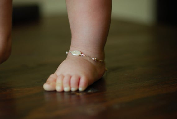 Anklet On Both Ankles
 Baby ankle bracelet June birthstone sterling silver baby