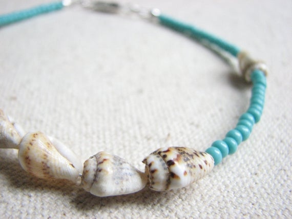 Anklet Seashell
 Sea Shell Ankle Bracelet Turquoise Blue by Bits fTheBeach
