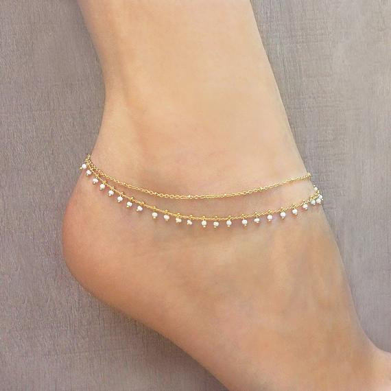 Anklet Summer
 Gold Double Beaded Chain Anklet Summer Boho Ankle Bracelet