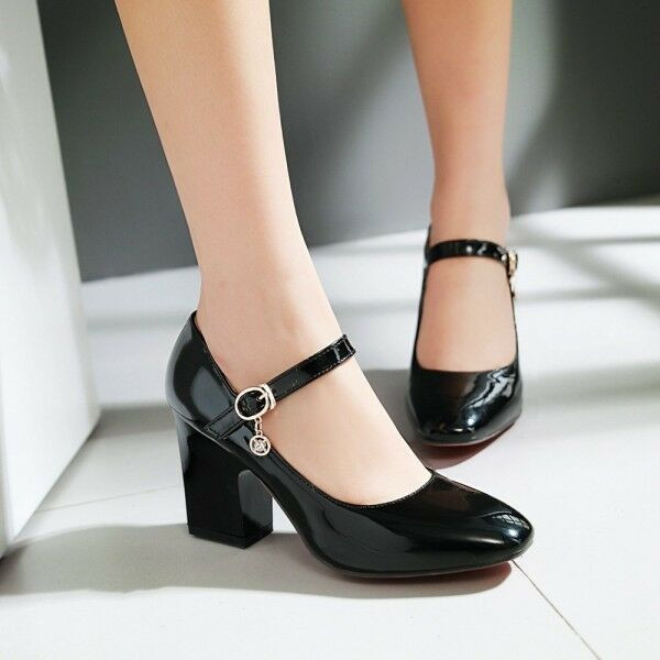 Anklet With Shoes
 Women s Retro Patent Leather Ankle Strap Block Heel Mary