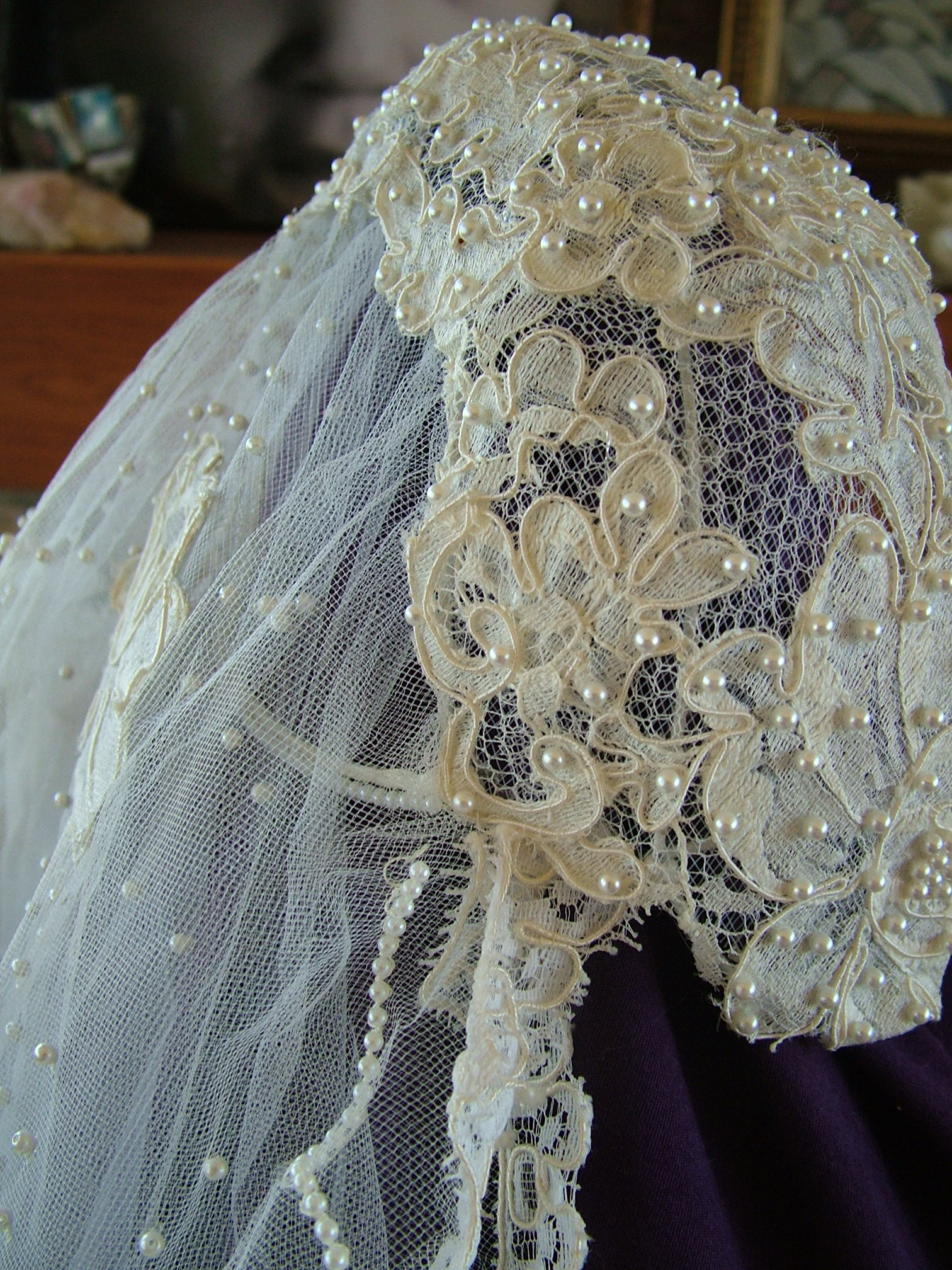 Antique Wedding Veils
 Antique Vintage lace and pearl adorned Wedding Veil and