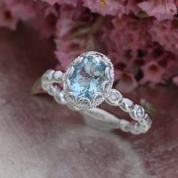 Aquamarine Wedding Band
 Floral Aquamarine Engagement Ring in 14k White Gold Pebble