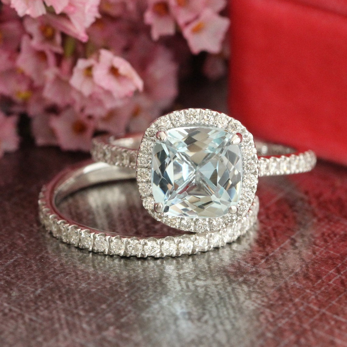 Aquamarine Wedding Band
 Aquamarine Wedding Ring Set in 14k White Gold Halo Diamond