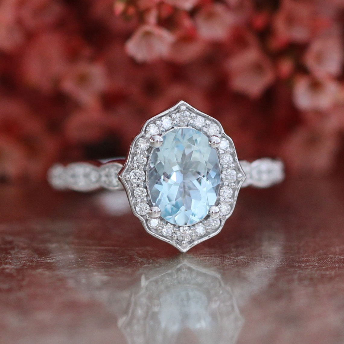 Aquamarine Wedding Band
 Vintage Floral Oval Aquamarine Engagement Ring in 14k White