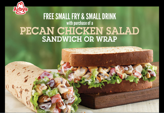 Arby'S Pecan Chicken Salad Sandwich
 Arby’s Coupon FREE Small Drink & Fries with Purchase