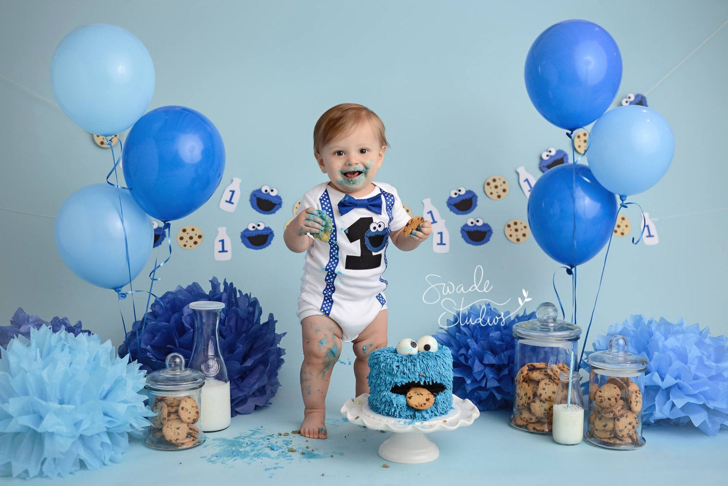 Baby Boy First Birthday Party
 Cookie monster birthday garland with milk and cookies Cookie