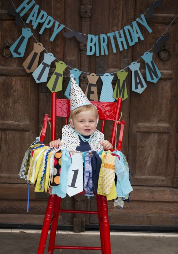 Baby Boy First Birthday Party
 First Birthday Little Man Banners Boys High Chair & Birthday