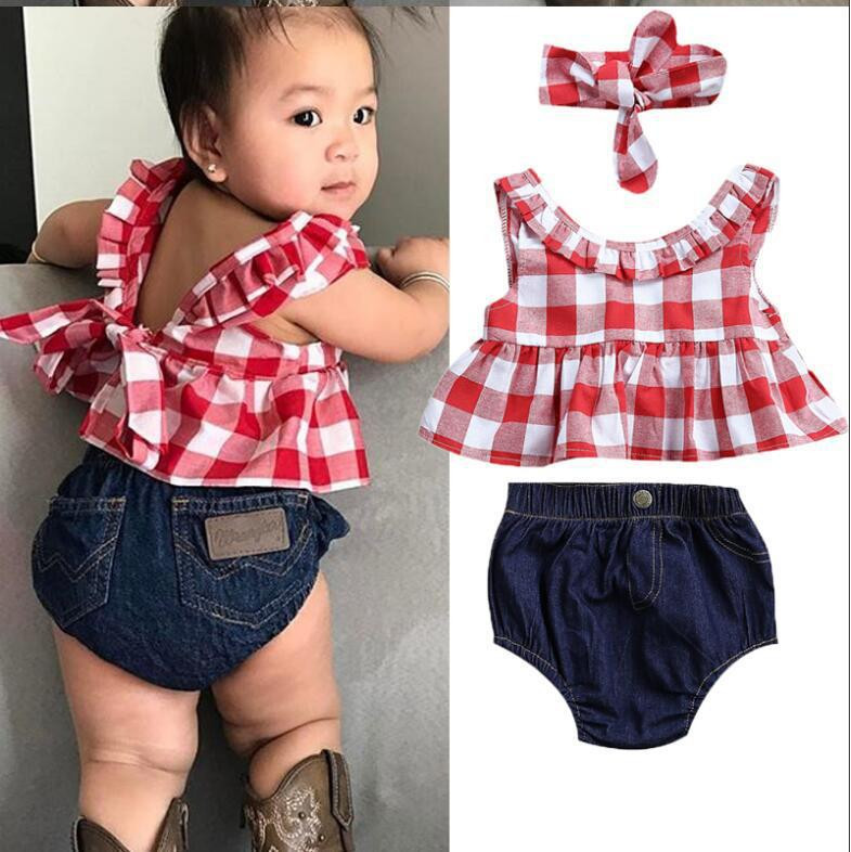 Baby Fashion Clothing
 2018 Summer baby girl clothing set Plaid Skirted T shirt