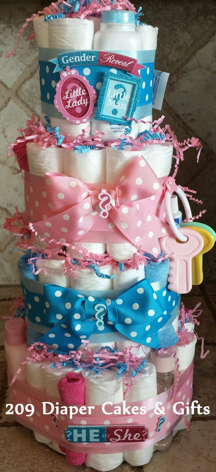 Baby Gender Reveal Party Gifts
 4 Tier Pink & Blue Gender Reveal Diaper Cake by 209 Diaper