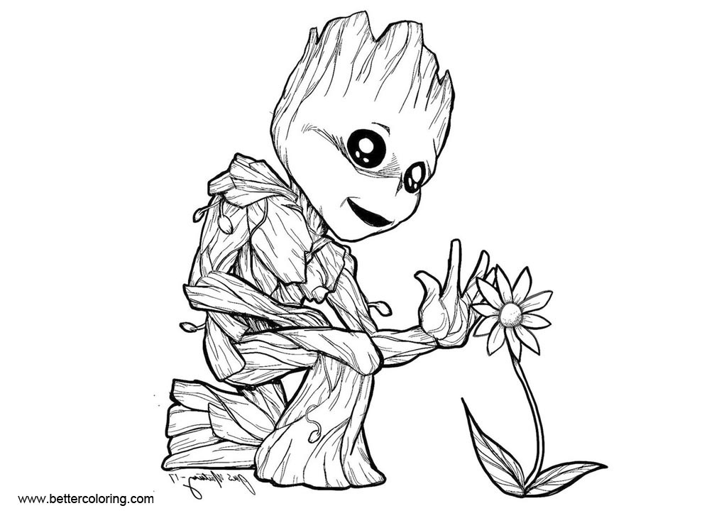 Baby Groot Coloring Page
 Baby Groot Coloring Pages with Flower Free Printable Coloring Pages