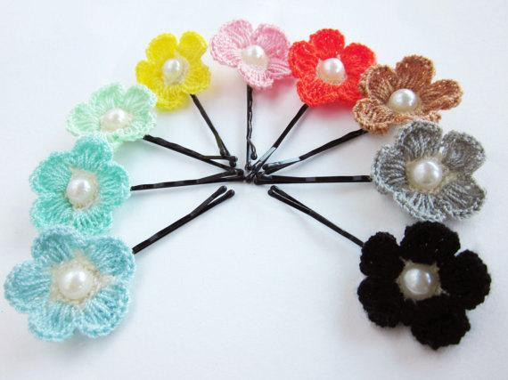 Baby Hair Pin
 Flower Crochet Hair Pins Set of 9 Floral Bobby Pins Crocheted