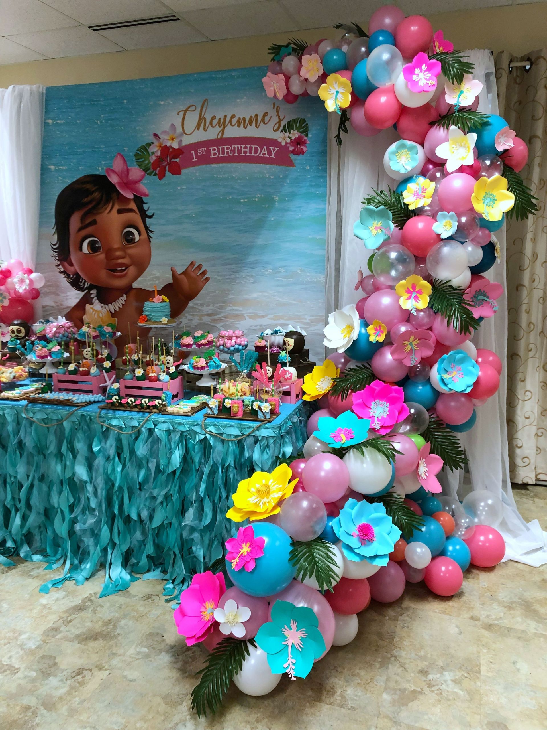 Baby Moana Party Decorations
 Moana Themed Balloon Garland with Paper Flowers by