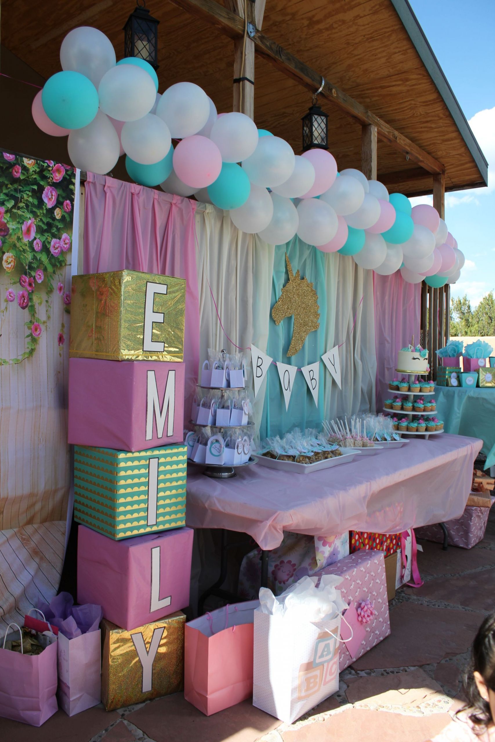 Baby Name Decoration Ideas
 Unicorn Baby Shower Backdrop with baby s name on blocks in