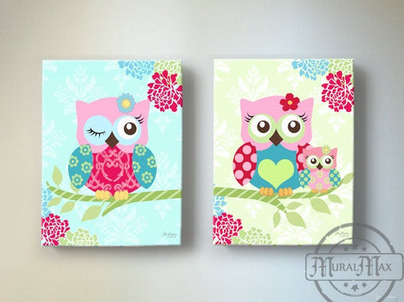 Baby Owls Decor
 Owl Nursery Decor OWL canvas art Baby Girl Nursery by MuralMAX