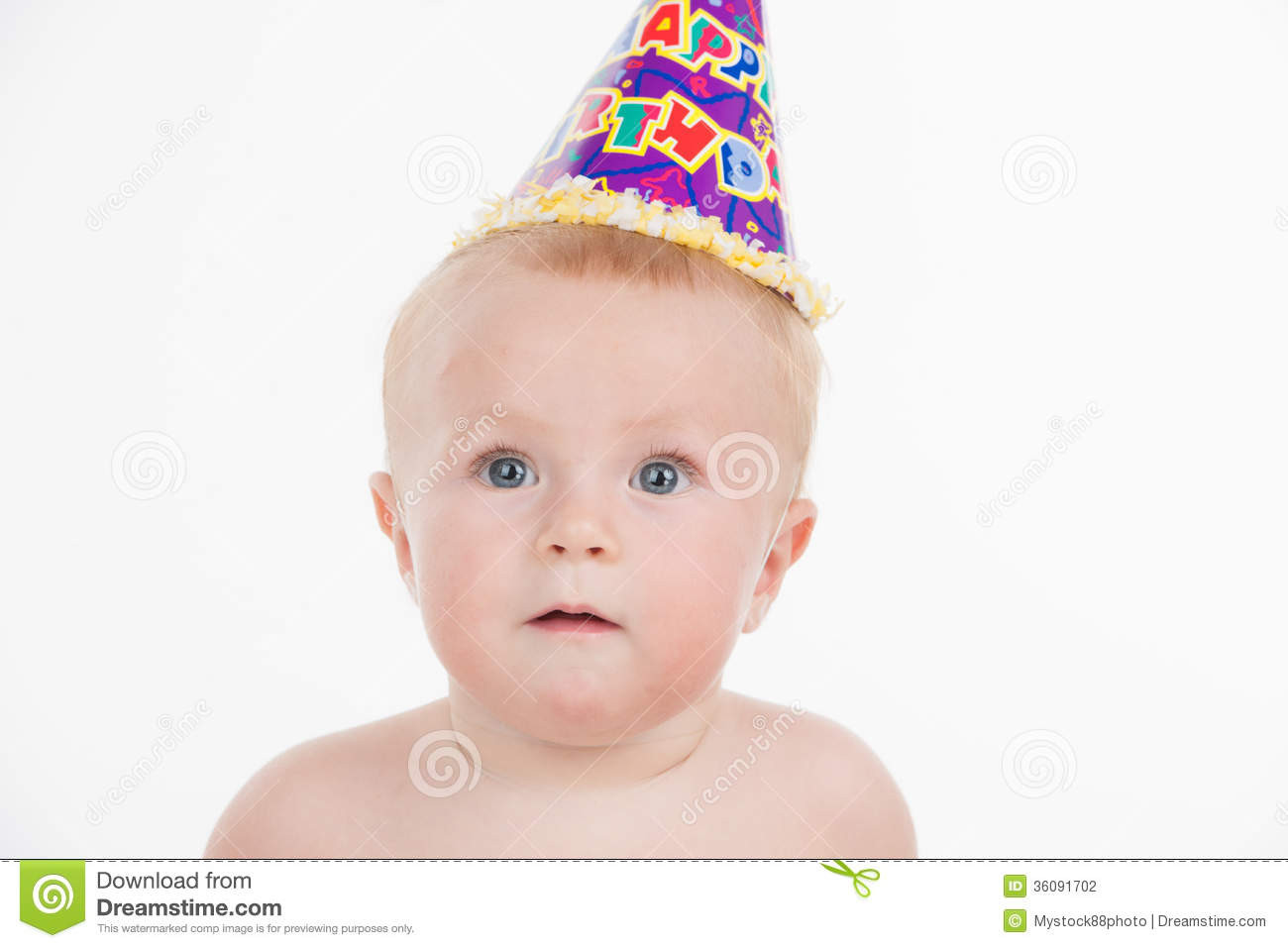 Baby Party Hat
 Portrait Cute Funny Baby In Birthday Party Hat Stock