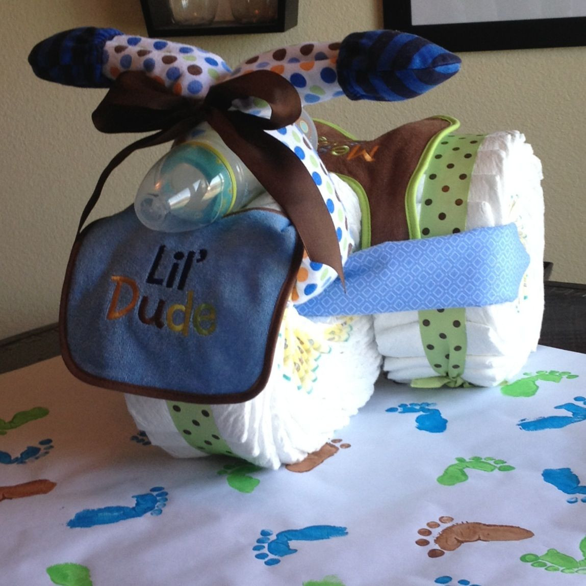 Baby Shower Diaper Crafts
 Hand crafted t wrap and diaper trike for baby shower