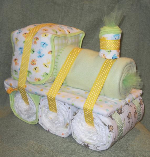 Baby Shower Gifts Made From Diapers
 Choo Choo Train Diaper Cake for Baby Shower by CushyCreations