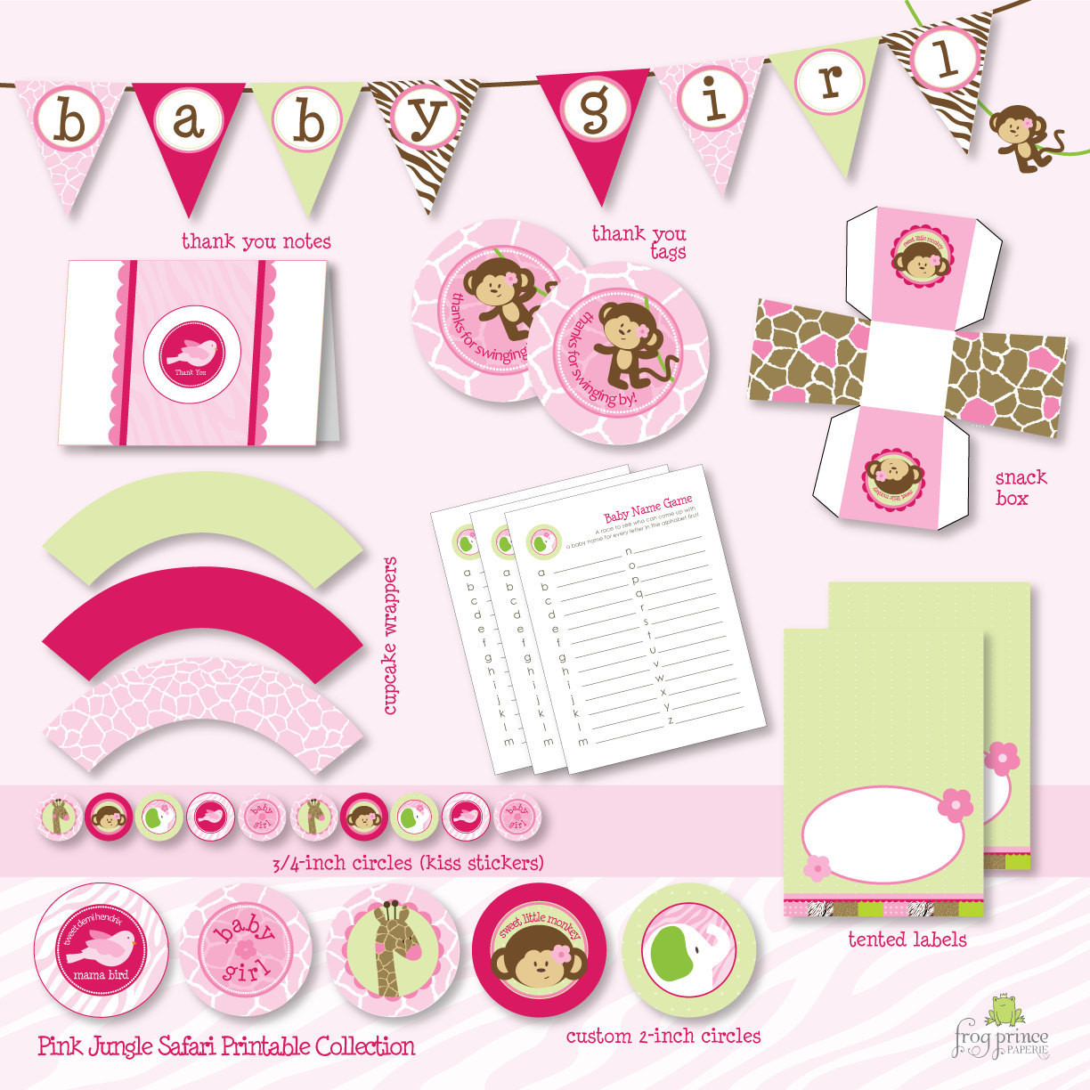 Baby Shower Party Pack
 Pink Jungle Safari Baby Shower Custom Printable Party Pack