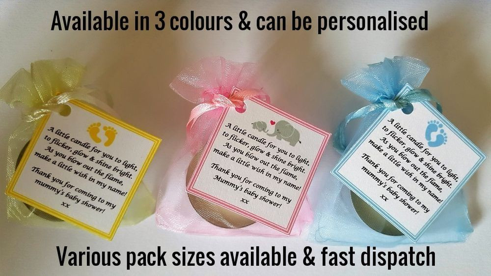 Baby Shower Thank You Gifts For Guests
 BABY SHOWER FAVOURS CANDLE TEA LIGHT BLUE PINK YELLOW