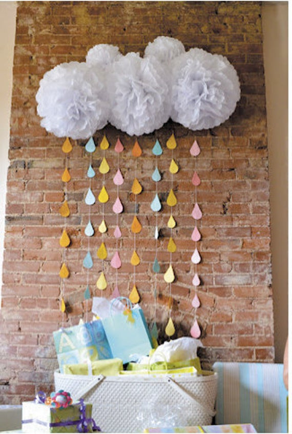 Baby Sprinkle Decoration Ideas
 White Tissue Paper Pom Poms and Rain Drop Garland cloud and