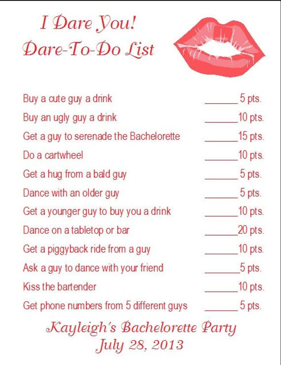 Bachelorette Party Dares Ideas
 24 Personalized I DARE YOU Bachelorette Party Game
