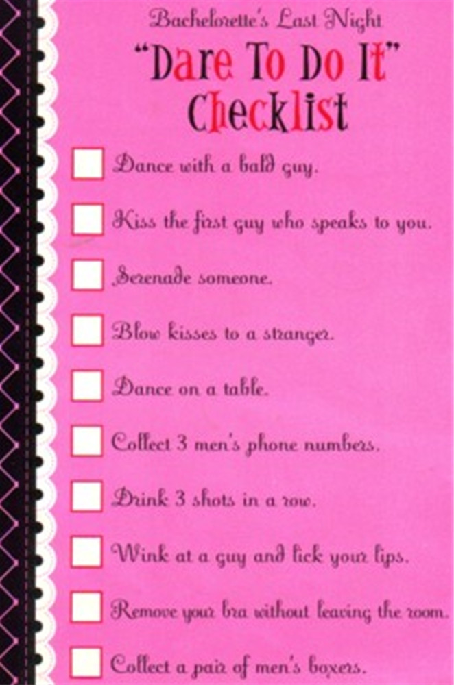 Bachelorette Party Game Ideas At Home
 Bachelorette Dare To Do Checklist