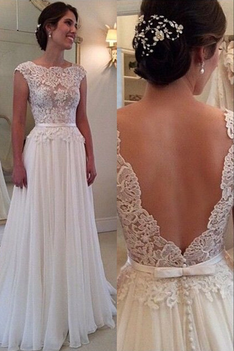 Backless Lace Wedding Dresses
 Lace Chiffon Backless A line Wedding Dresses Capped