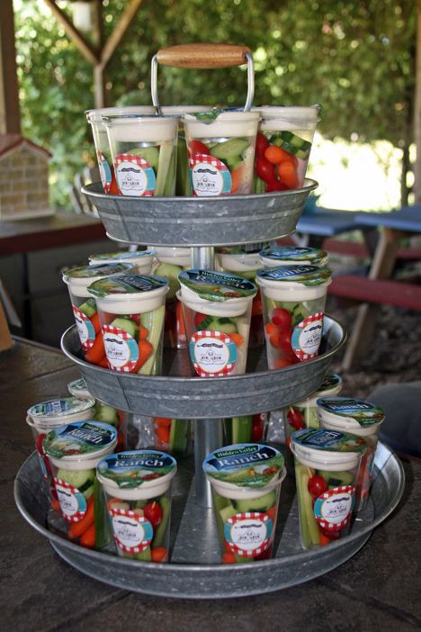 Backyard Graduation Party Menu Ideas
 Cute way to fix and display veggies in a cup with ranch
