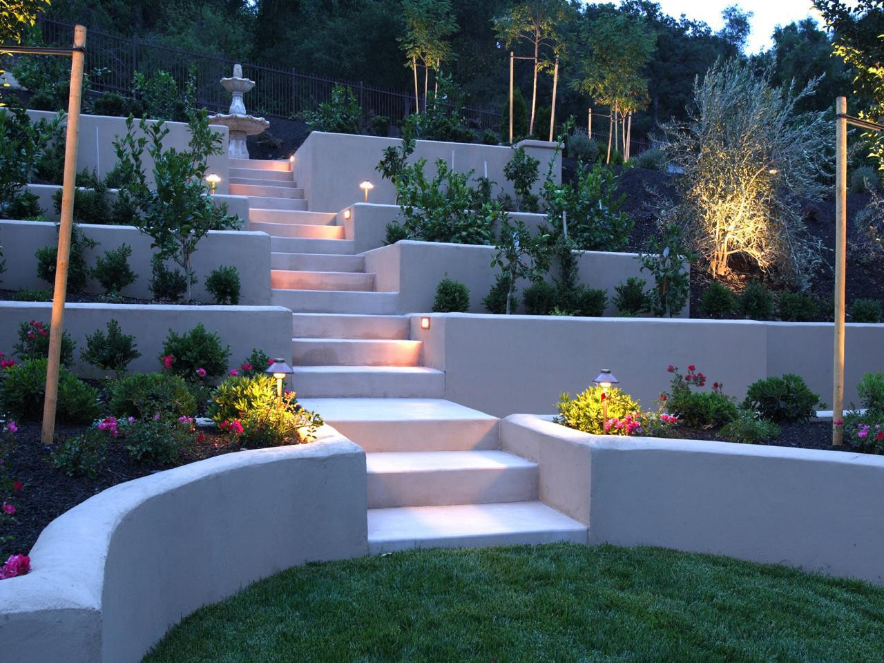Backyard Hardscape Design
 Outdoor Retaining Wall With Firepit And Lighting Outdoor