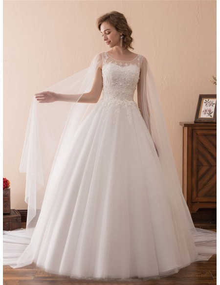 Ballroom Wedding Gowns
 Simple Tulle Lace Ballroom Wedding Gowns With Cape Train