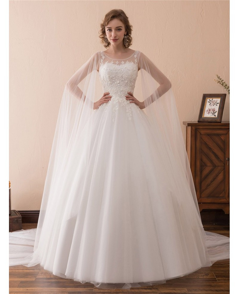 Ballroom Wedding Gowns
 Simple Tulle Lace Ballroom Wedding Gowns With Cape Train